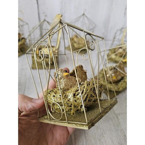 Gold cage bird ornament decor Xmas tree set lot of nine - Picture 7 of 9